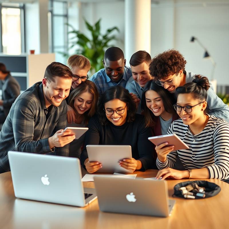 A diverse group of people working together on laptops and tablets, symbolizing inclusivity and accessibility.