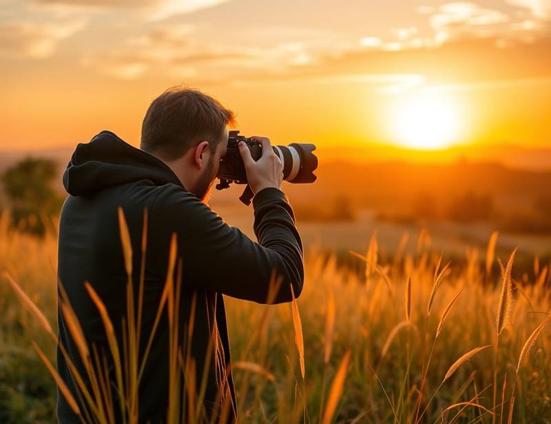 A photographer taking a landscape shot, representing photography course.
