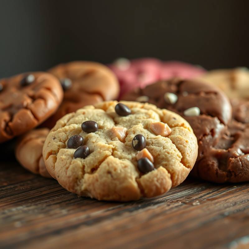 Close-up of various cookies on a wooden surface, illustrating the cookies policy.