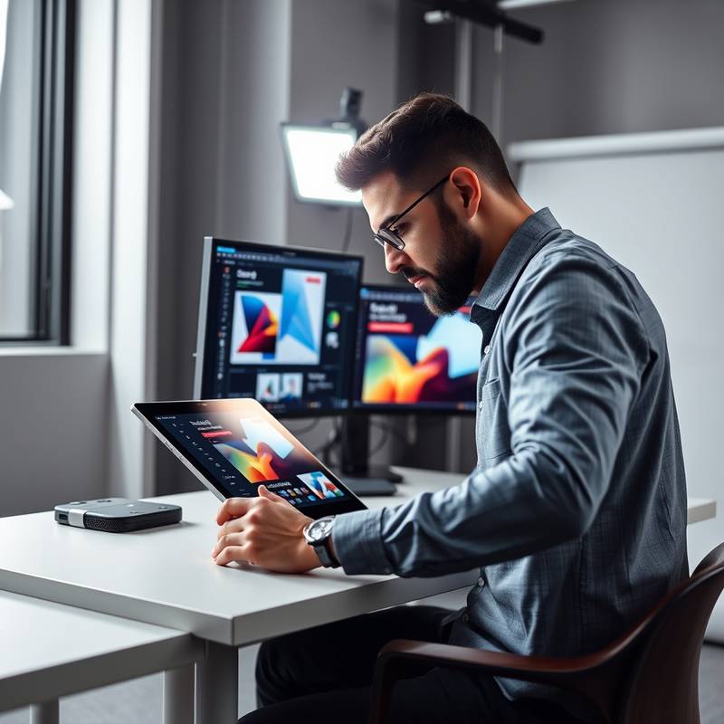 Designer using graphic design software on a tablet, representing graphic design course.