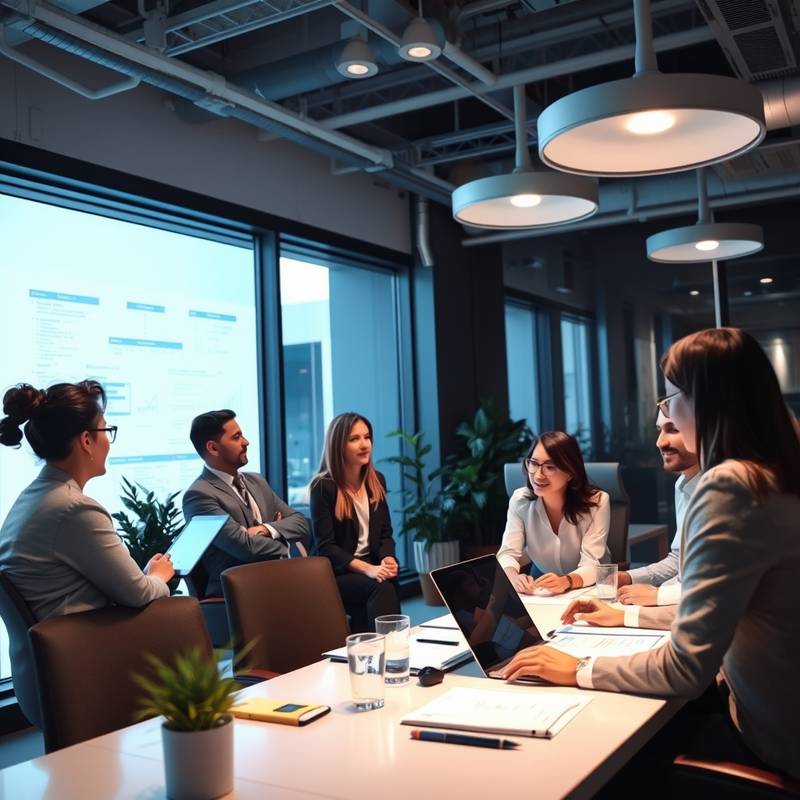 People discussing business strategies in a modern office, representing business strategy course.
